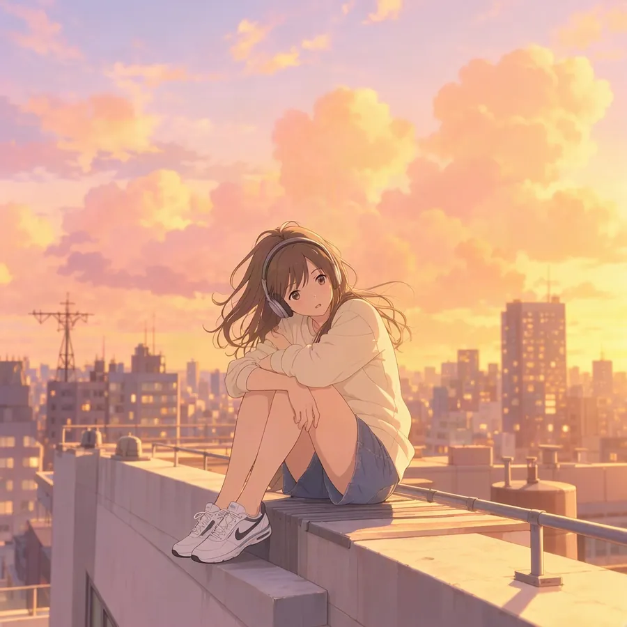 AI-generated anime example: Anime illustration of a girl with headphones sitting on a city rooftop at golden hour, soft clouds, detailed skyline, warm pastel colors, cinematic composition, clean line art