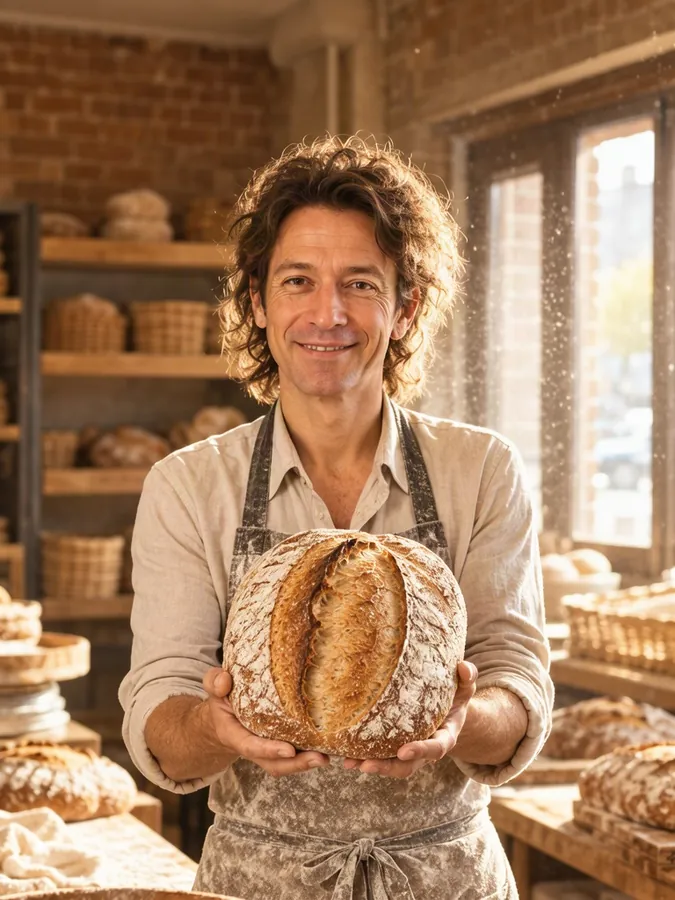 AI-generated photo example: Natural light portrait photo of a smiling baker in a flour-dusted apron holding a fresh sourdough loaf in a rustic bakery, warm tones, shallow depth of field, editorial photography
