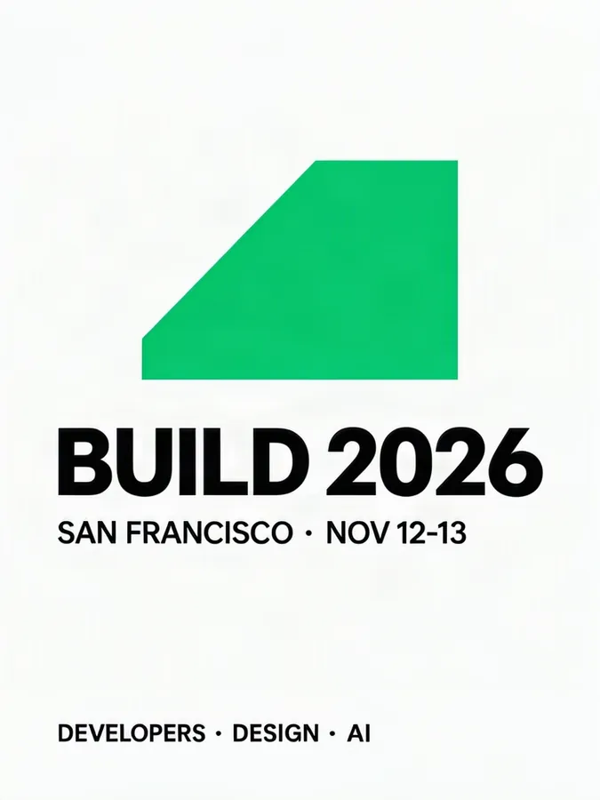 AI-generated poster example: Minimal Swiss-style tech conference poster, white background with a bold emerald geometric shape
