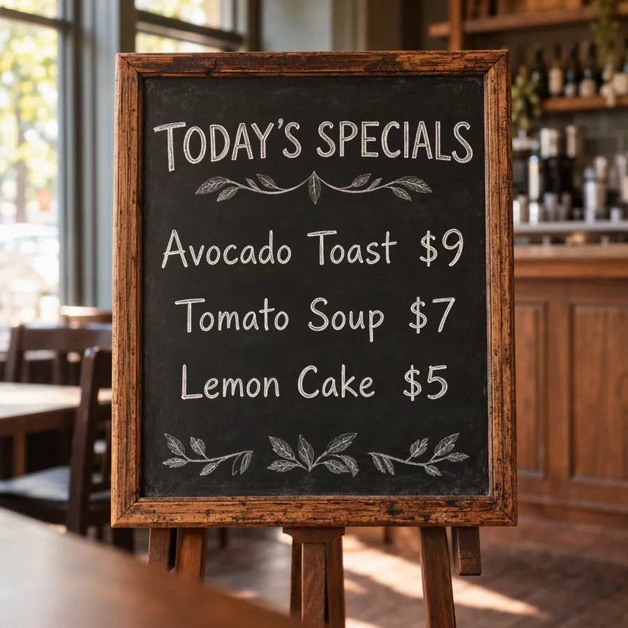AI-generated signage example: Photo of a cafe chalkboard menu on an easel, hand-drawn chalk lettering