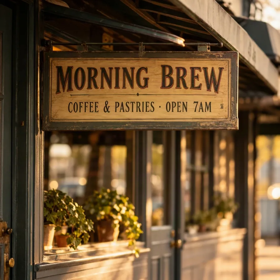 AI-generated signage example: Photo of a hand-painted wooden shop sign above a small corner cafe, morning sunlight, plants in the window