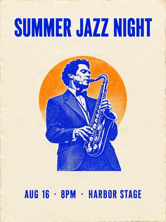AI-generated poster example: Vintage concert poster, risograph print style in cobalt blue and warm orange on cream paper