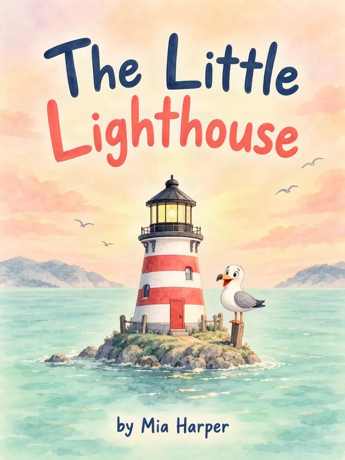 AI-generated illustration example: Children's picture book cover, soft watercolor illustration of a small red and white lighthouse on a rocky island with a friendly seagull, calm teal sea, warm sunset sky