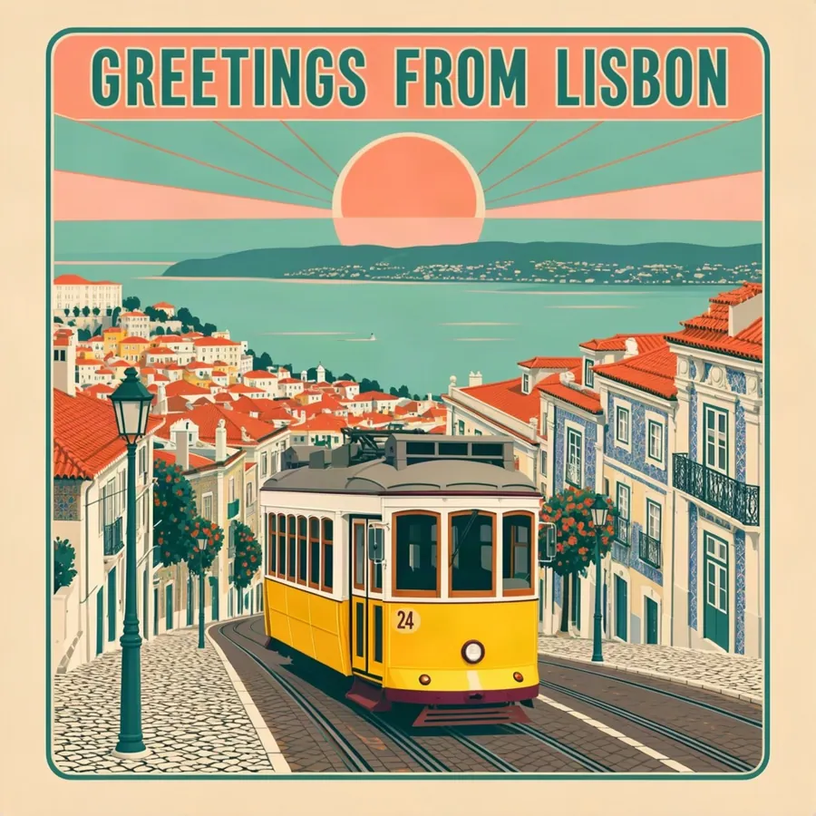 AI-generated illustration example: Flat vector illustration postcard of Lisbon: yellow tram, colorful tiled buildings, hills and the river, limited palette of yellow, teal and coral