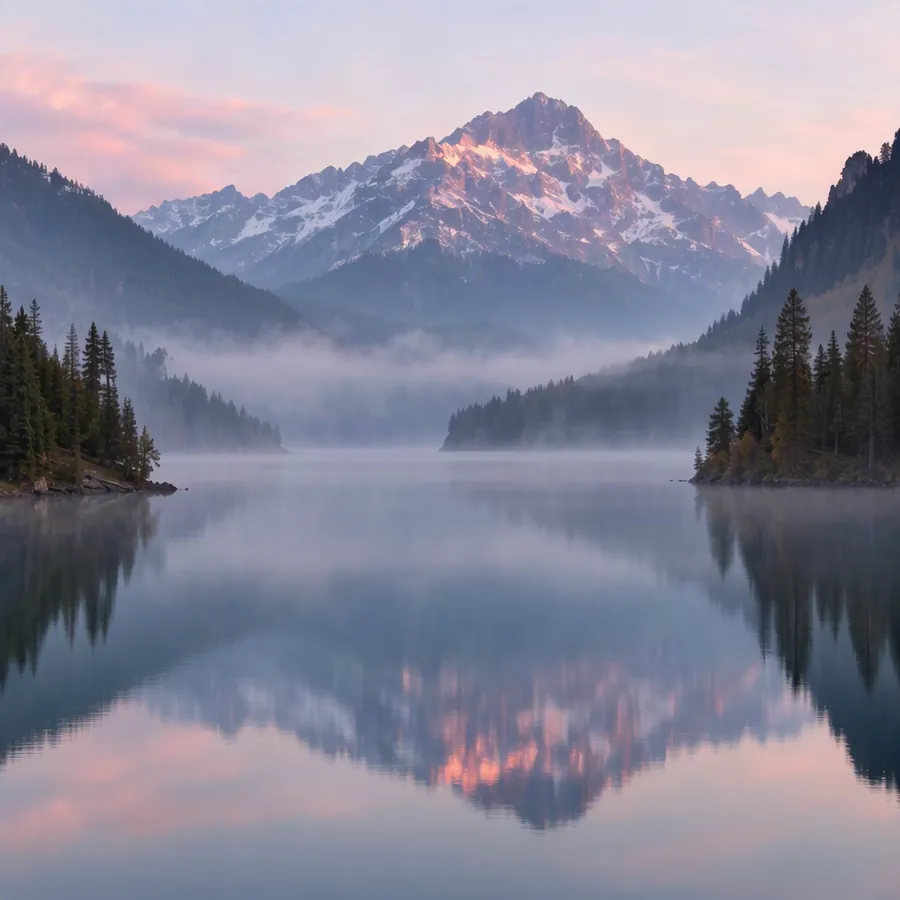 AI-generated photo example: Landscape photograph of a misty mountain lake at dawn, pine trees, soft pink light on the peaks, perfectly still water reflections, high detail, calm atmosphere