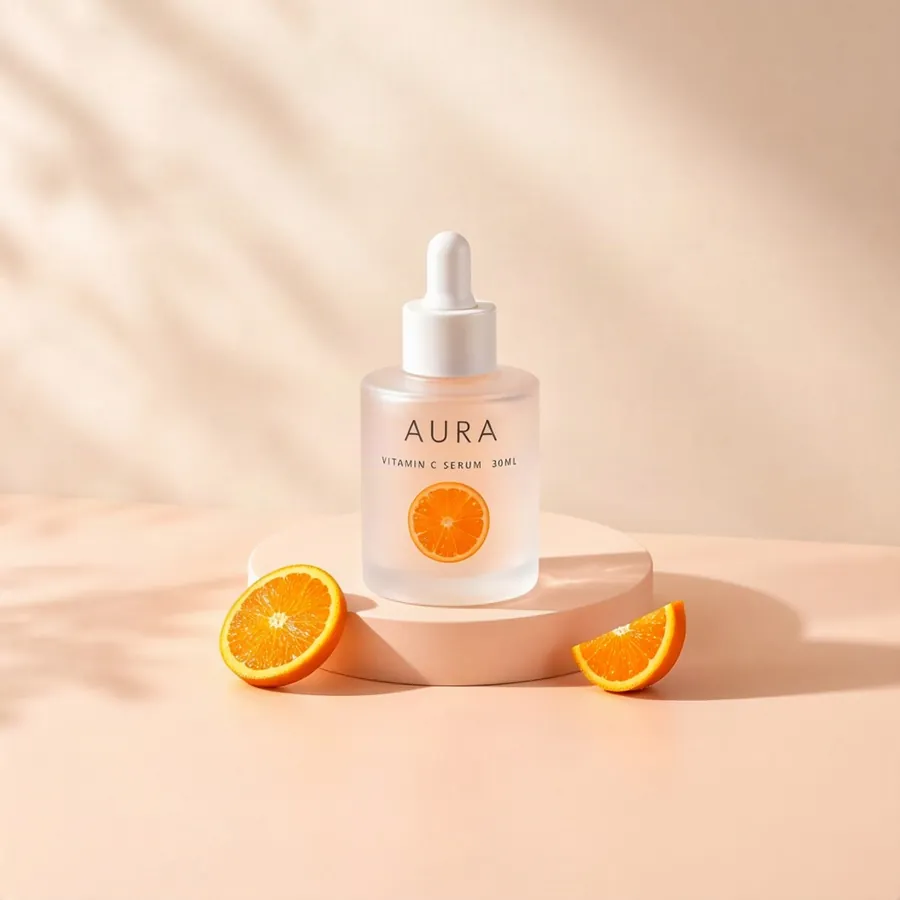AI-generated product shot example: Studio product photo of a frosted glass dropper bottle of serum on a pale peach podium with soft shadows and a few orange slices
