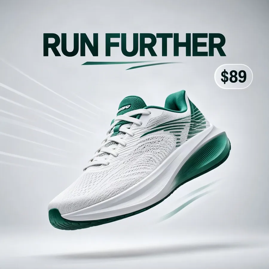 AI-generated product ad example: Product advertisement of a white and emerald running sneaker floating at an angle over a clean light gray background with motion lines