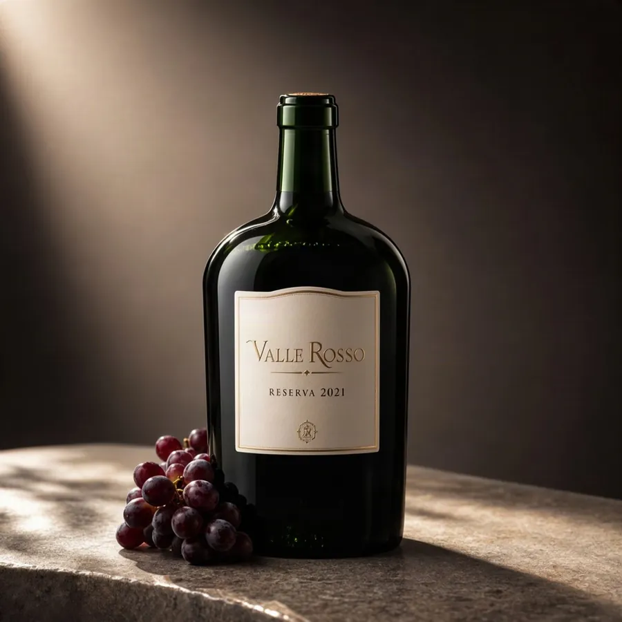 AI-generated product shot example: Studio photo of a dark green wine bottle on a stone table with grapes